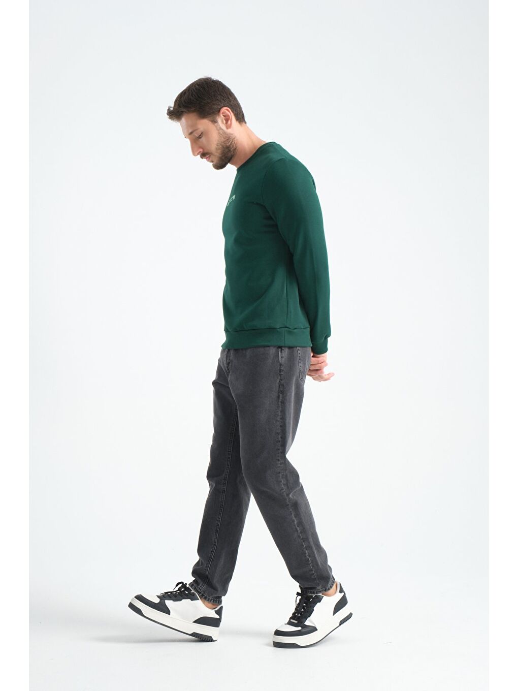 Koyu Yeşil Erkek Üç İplik Sweatshirt Regular Fit Pamuklu Bisiklet Yaka Günlük Spor Basic-2