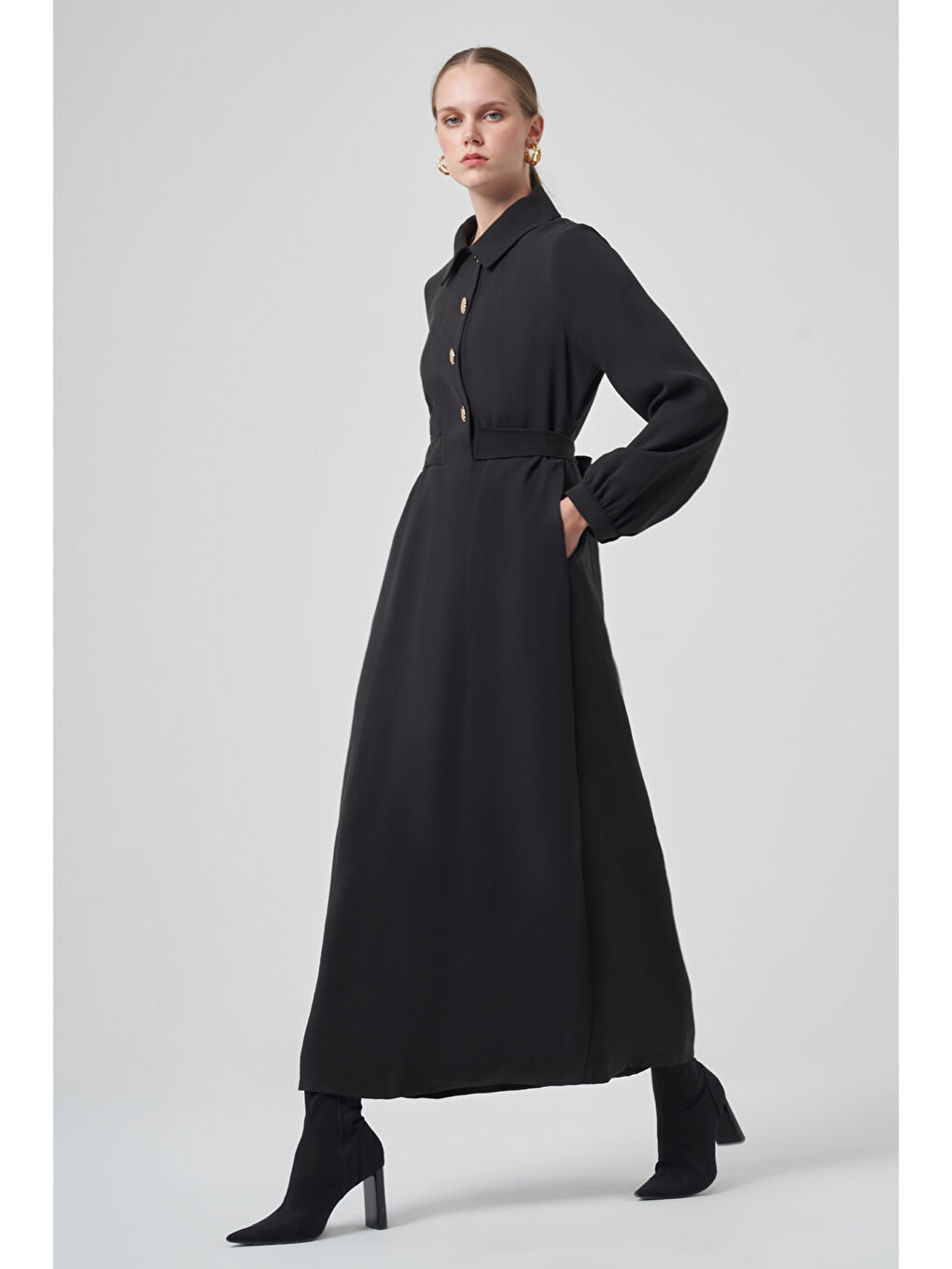 Çıtçıt Düğme Detay Kuşaklı Elbise 2007 Siyah-2