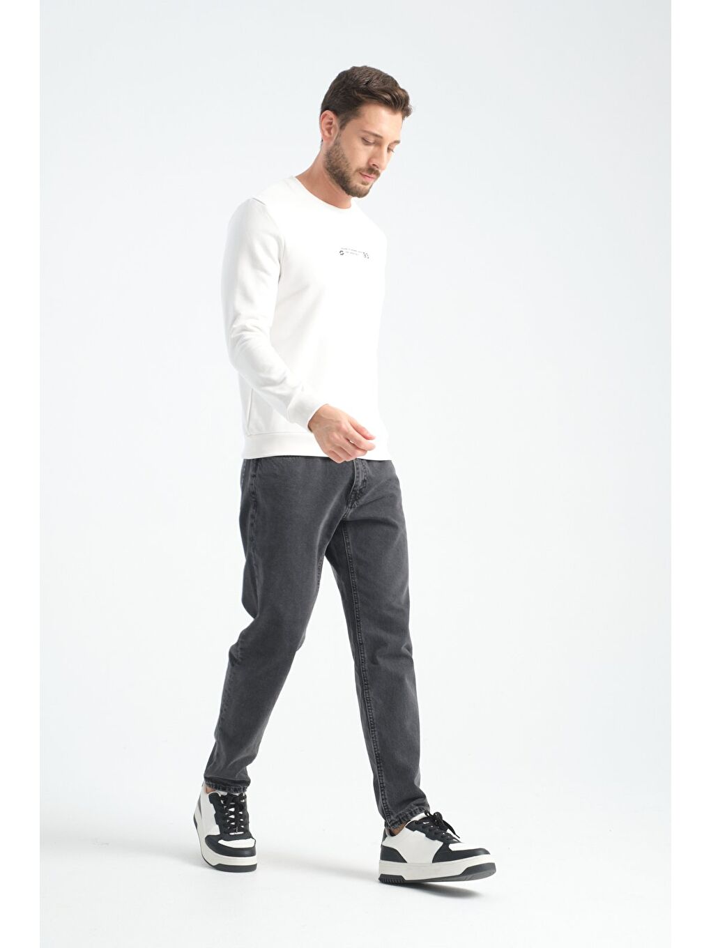 Ekru Erkek Üç İplik Sweatshirt Regular Fit Pamuklu Bisiklet Yaka Günlük Spor Basic-2
