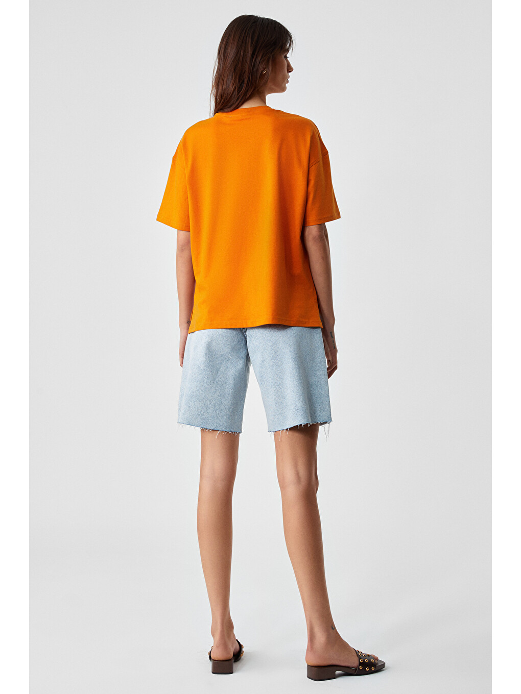 Turuncu Jemmy Kadın %100 Organik Pamuk Relaxed Fit Yırtmaçlı Yuvarlak Yakalı TURUNCU T-Shirt-5
