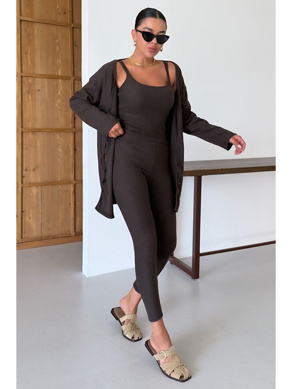 Kadın Kahverengi Askılı Atlet Tayt Hırkalı Alt-Üst Taytlı İnterlok Takım