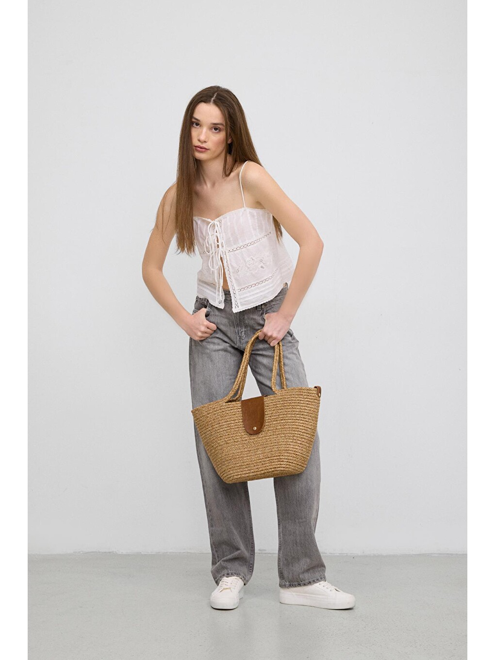 Bej Duffy Kapaklı Handmade Hasır Tote Çanta Vizon-2
