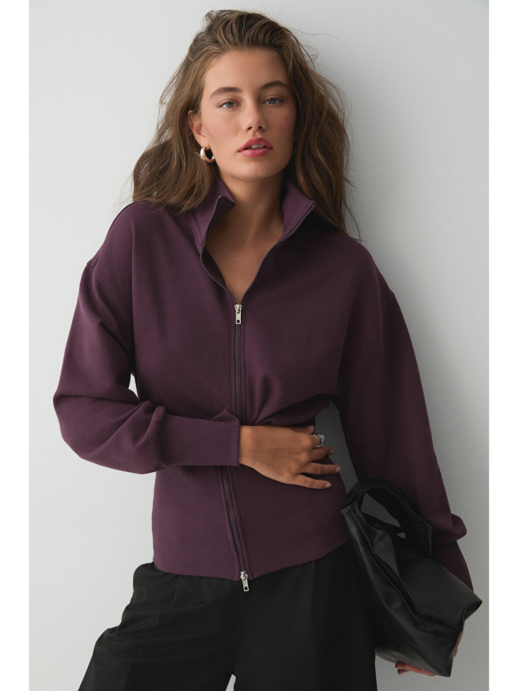 Vıvaldı Kadın Organik Pamuklu Beli Korseli Fermuarlı Mor Sweatshirt-2