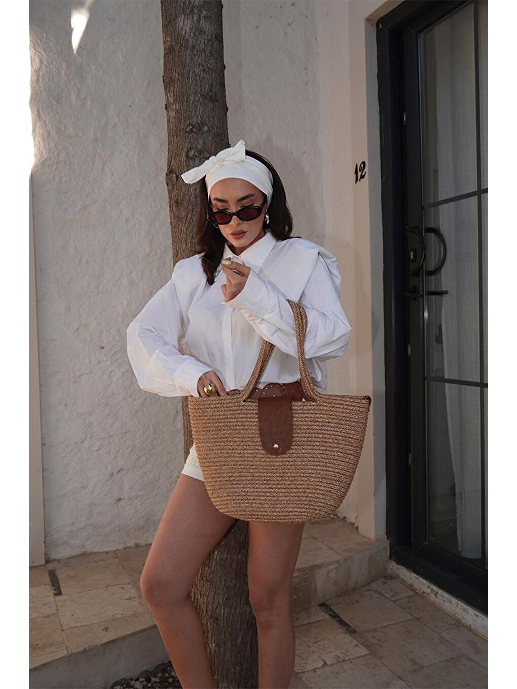 Bej Duffy Kapaklı Handmade Hasır Tote Çanta Vizon-7