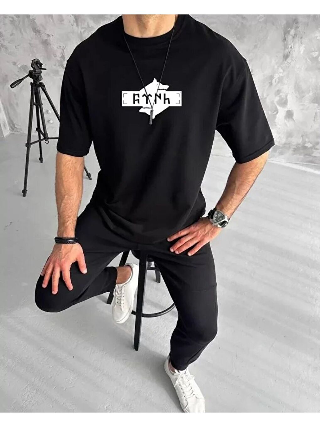 Unisex Bisiklet Yaka Baskılı Double Oversize T-Shirt - Siyah