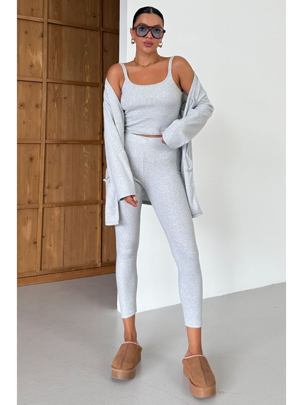 Kadın Gri Askılı Atlet Tayt Hırkalı Alt-Üst Taytlı İnterlok Takım-5