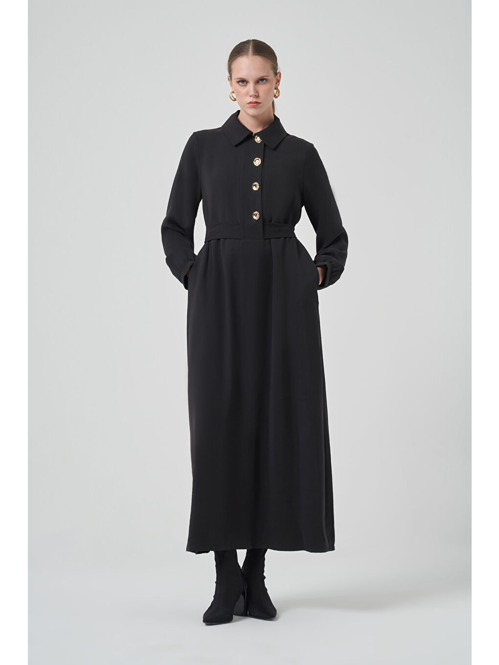 Çıtçıt Düğme Detay Kuşaklı Elbise 2007 Siyah-3