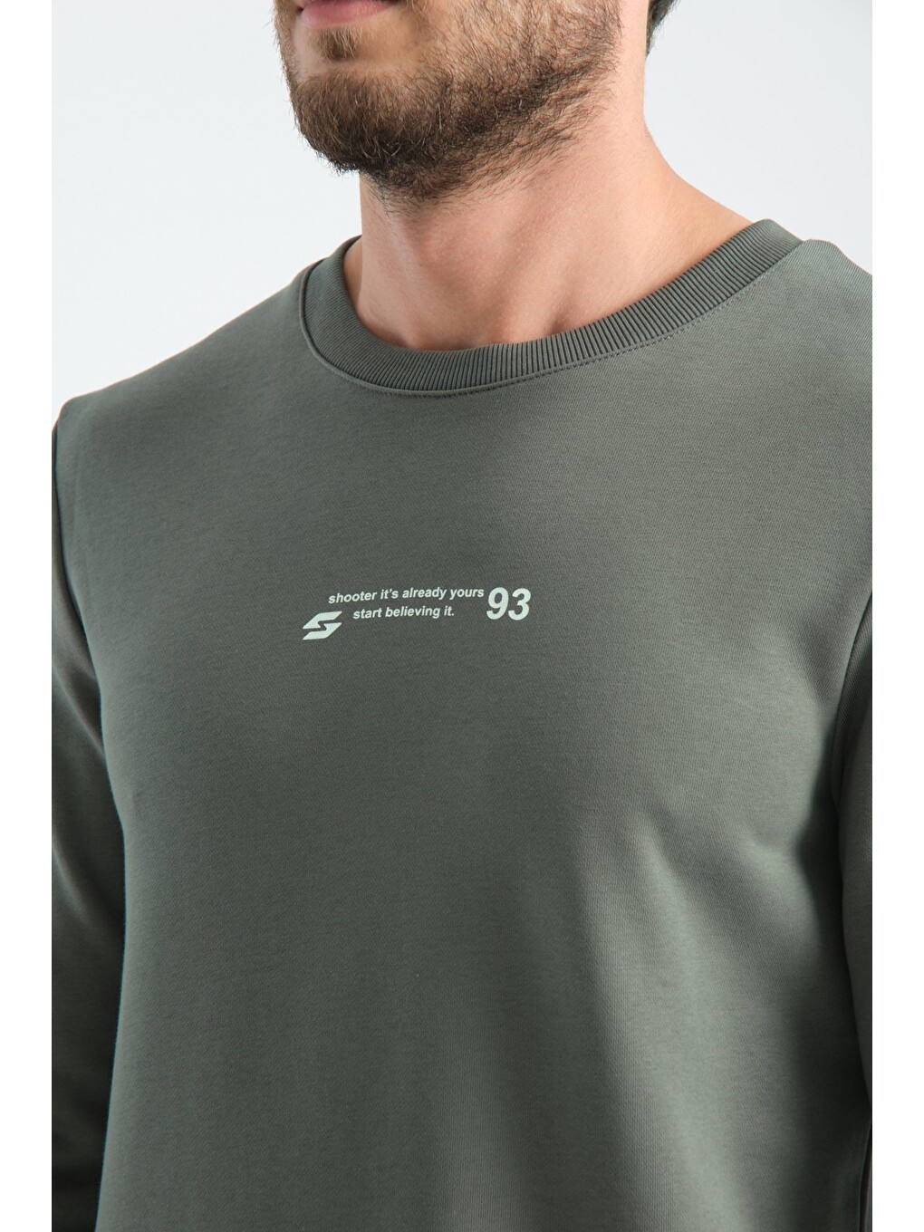 Haki Erkek Üç İplik Sweatshirt Regular Fit Pamuklu Bisiklet Yaka Günlük Spor Basic-3