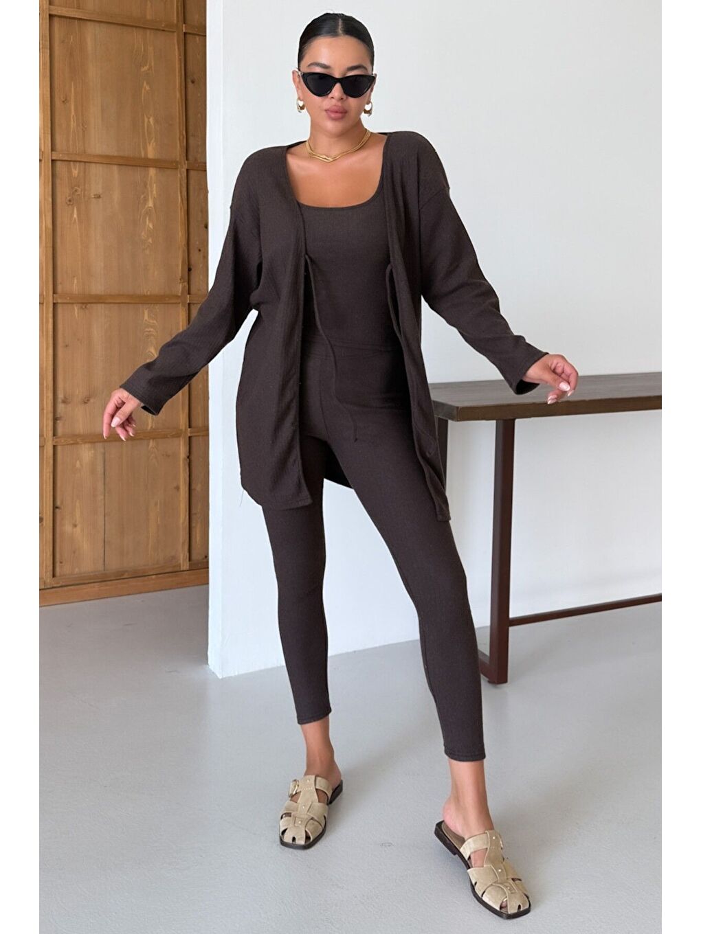 Kadın Kahverengi Askılı Atlet Tayt Hırkalı Alt-Üst Taytlı İnterlok Takım-1