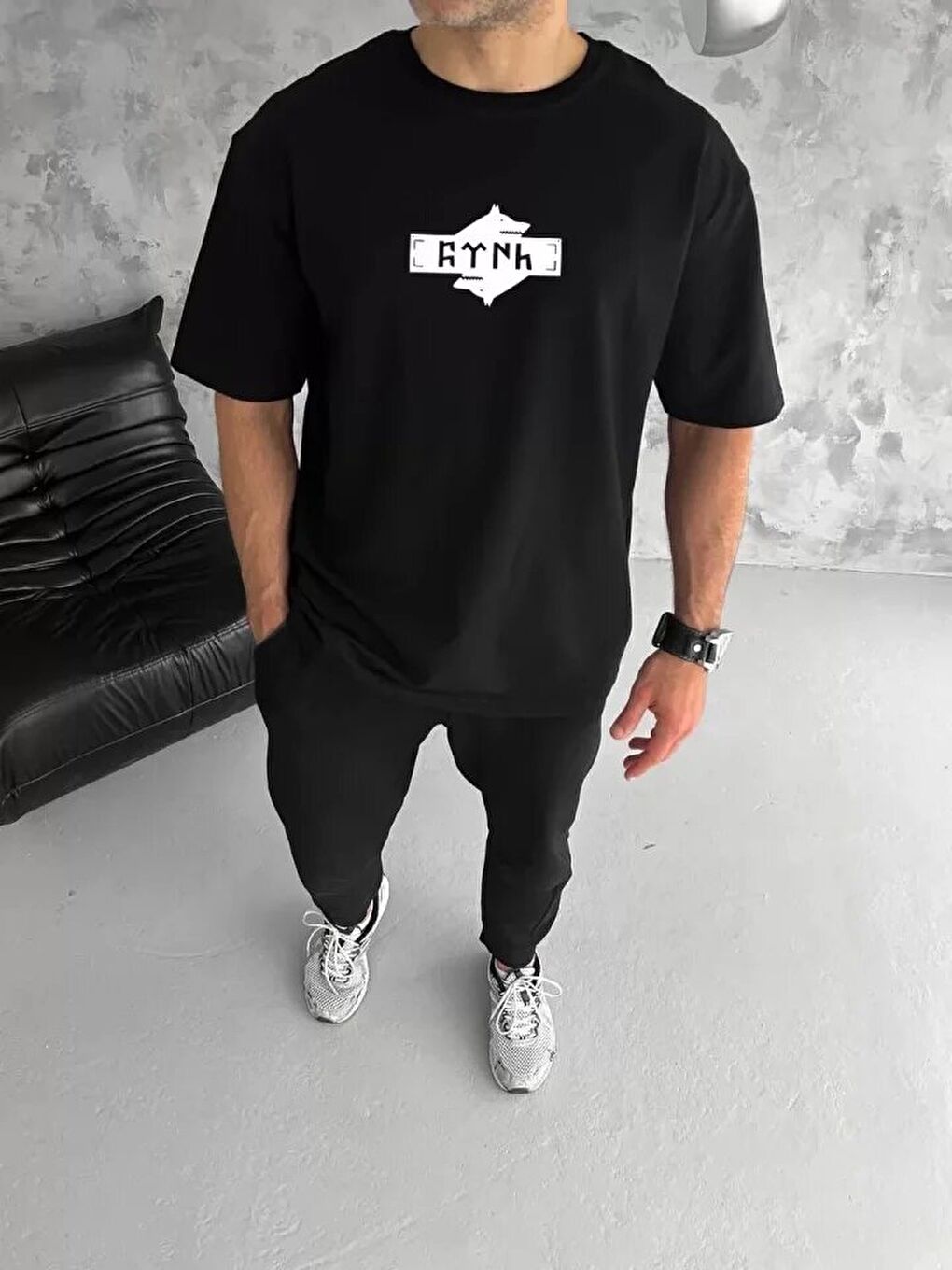 Unisex Bisiklet Yaka Baskılı Double Oversize T-Shirt - Siyah-1