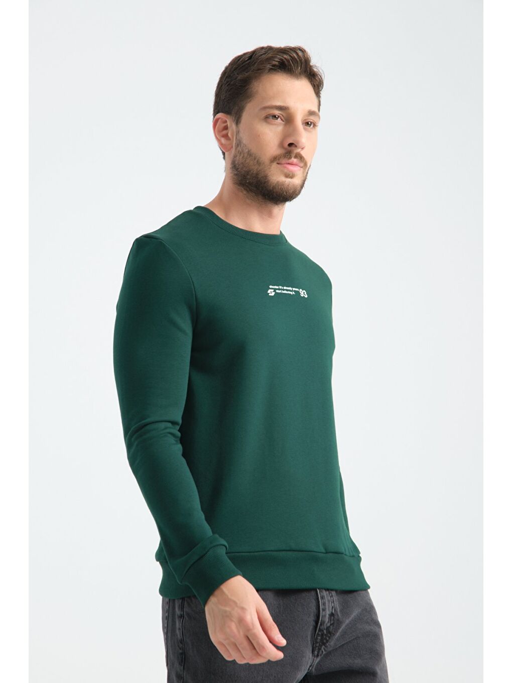 Koyu Yeşil Erkek Üç İplik Sweatshirt Regular Fit Pamuklu Bisiklet Yaka Günlük Spor Basic-3