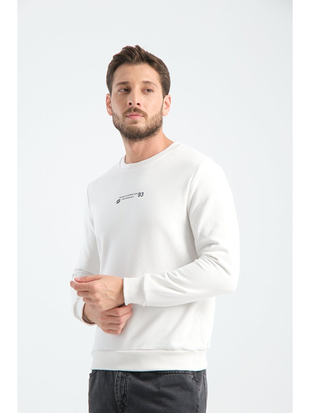 Ekru Erkek Üç İplik Sweatshirt Regular Fit Pamuklu Bisiklet Yaka Günlük Spor Basic-3
