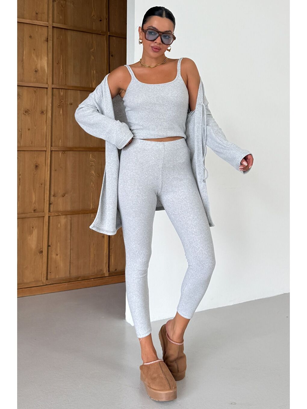 Kadın Gri Askılı Atlet Tayt Hırkalı Alt-Üst Taytlı İnterlok Takım-6