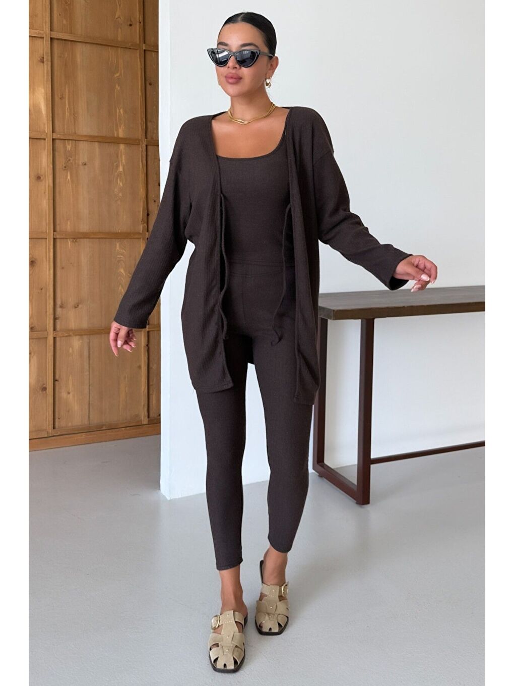 Kadın Kahverengi Askılı Atlet Tayt Hırkalı Alt-Üst Taytlı İnterlok Takım-2