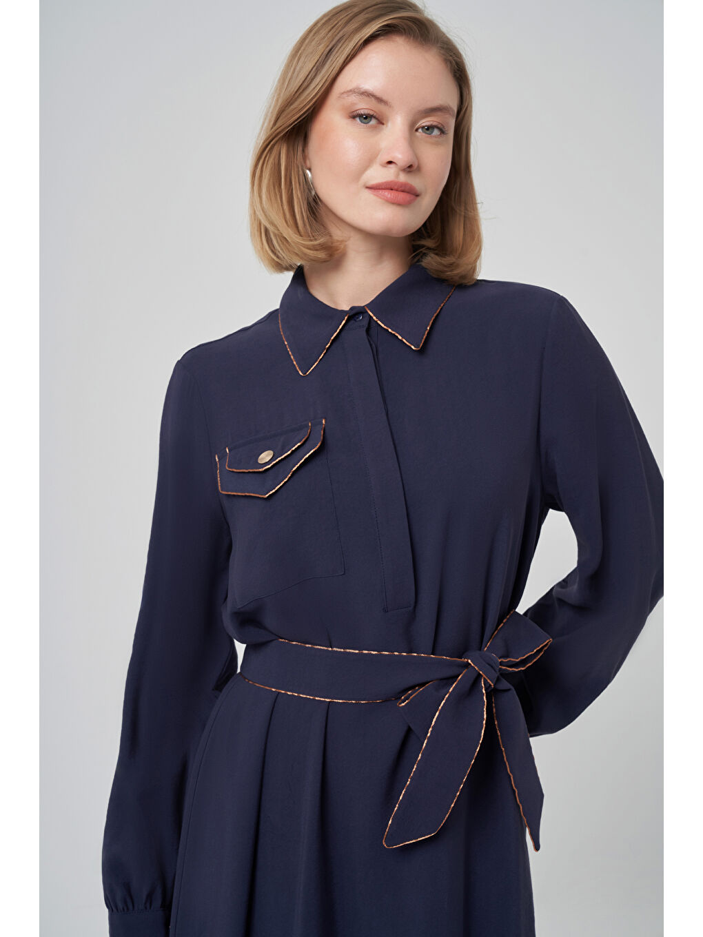 Cep Detay Kuşaklı Elbise 2005 Lacivert-1