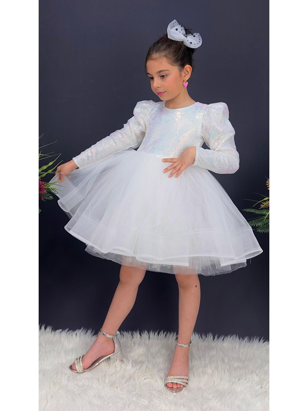 Beyaz Tütü Gren Etekli Kız Çocuk Pul Payetli Uzun Kol Kikidi Elbise MNK0583