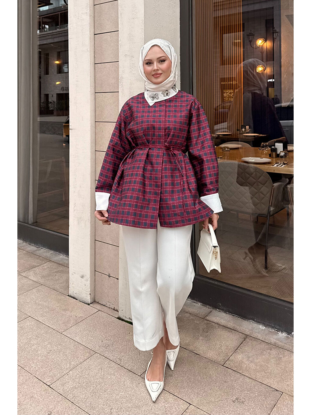 Kadın Gizli Düğmeli Bel Bağlamalı Gömlek Bordo-1