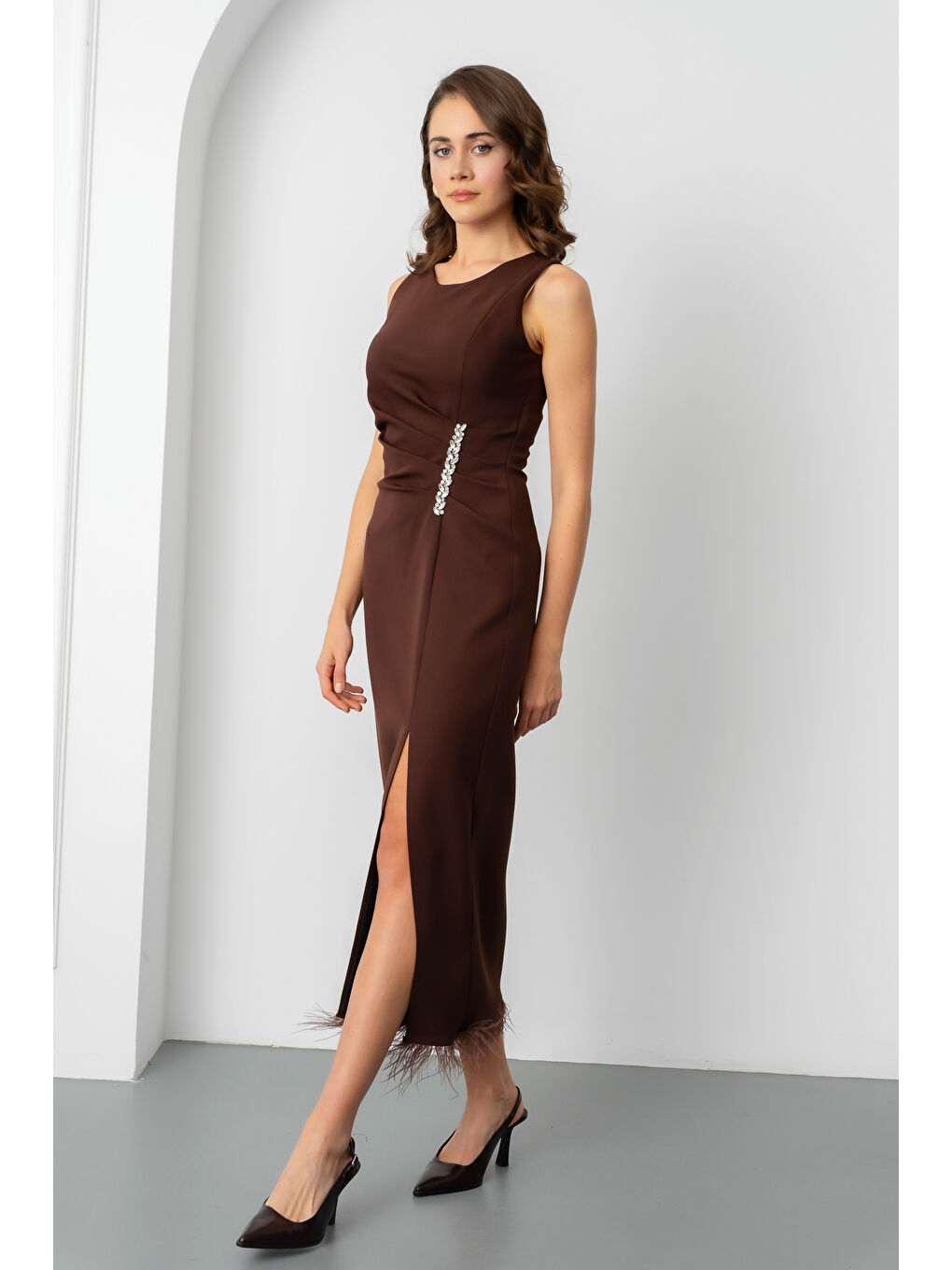 Kadın Kahverengi Otrişli Söz Nişan Nikah Abiye Elbise