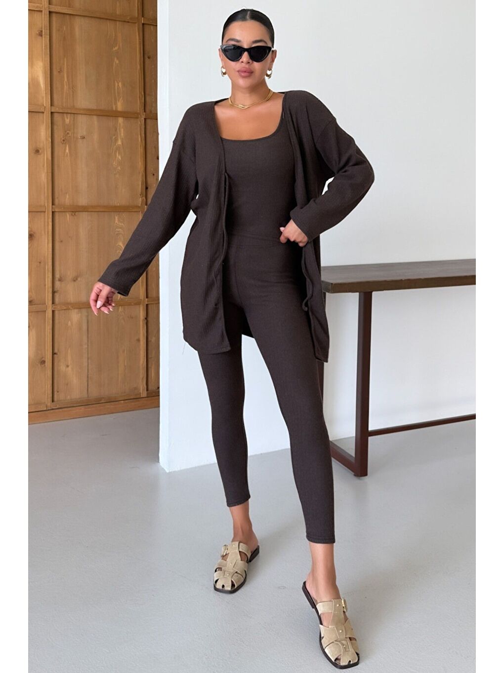 Kadın Kahverengi Askılı Atlet Tayt Hırkalı Alt-Üst Taytlı İnterlok Takım-3