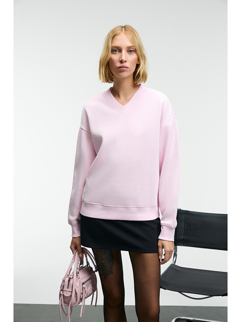 Arınel Kadın V Yaka Regular Fit Pembe Sweatshirt-2