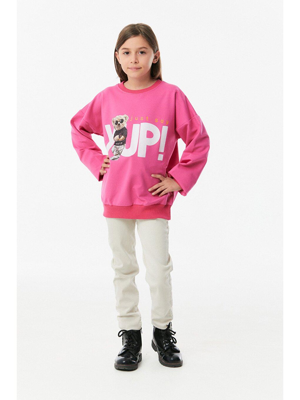 Fuşya Ayıcık Baskılı Kız Çocuk Sweatshirt-1