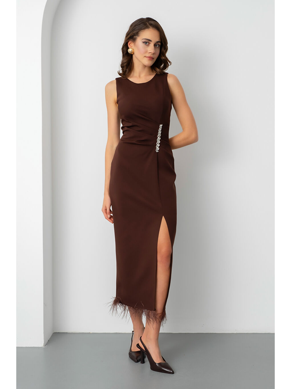 Kadın Kahverengi Otrişli Söz Nişan Nikah Abiye Elbise-1