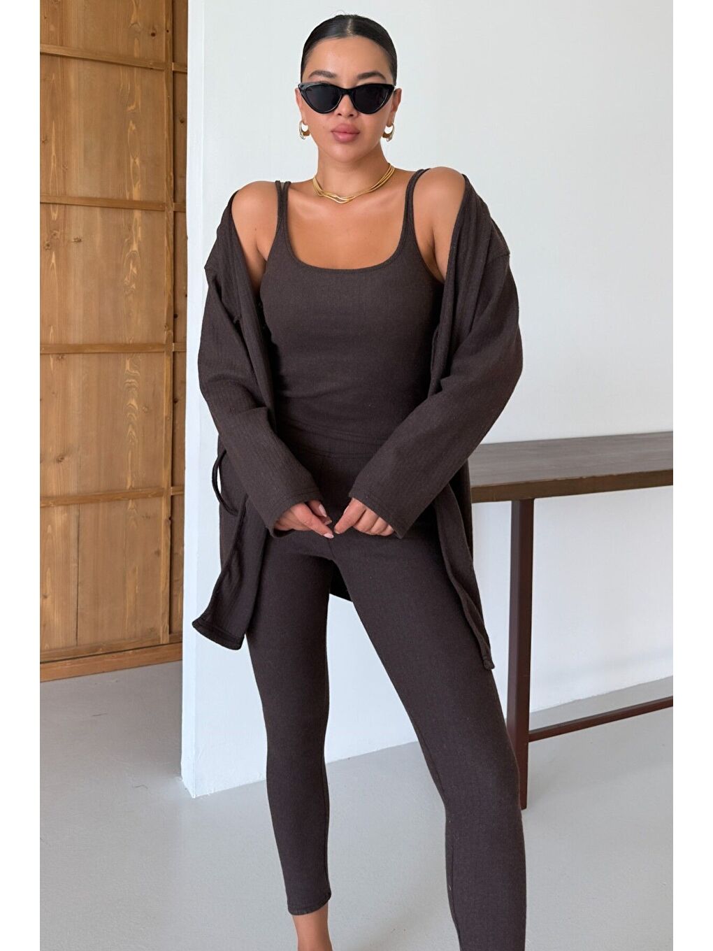 Kadın Kahverengi Askılı Atlet Tayt Hırkalı Alt-Üst Taytlı İnterlok Takım-4