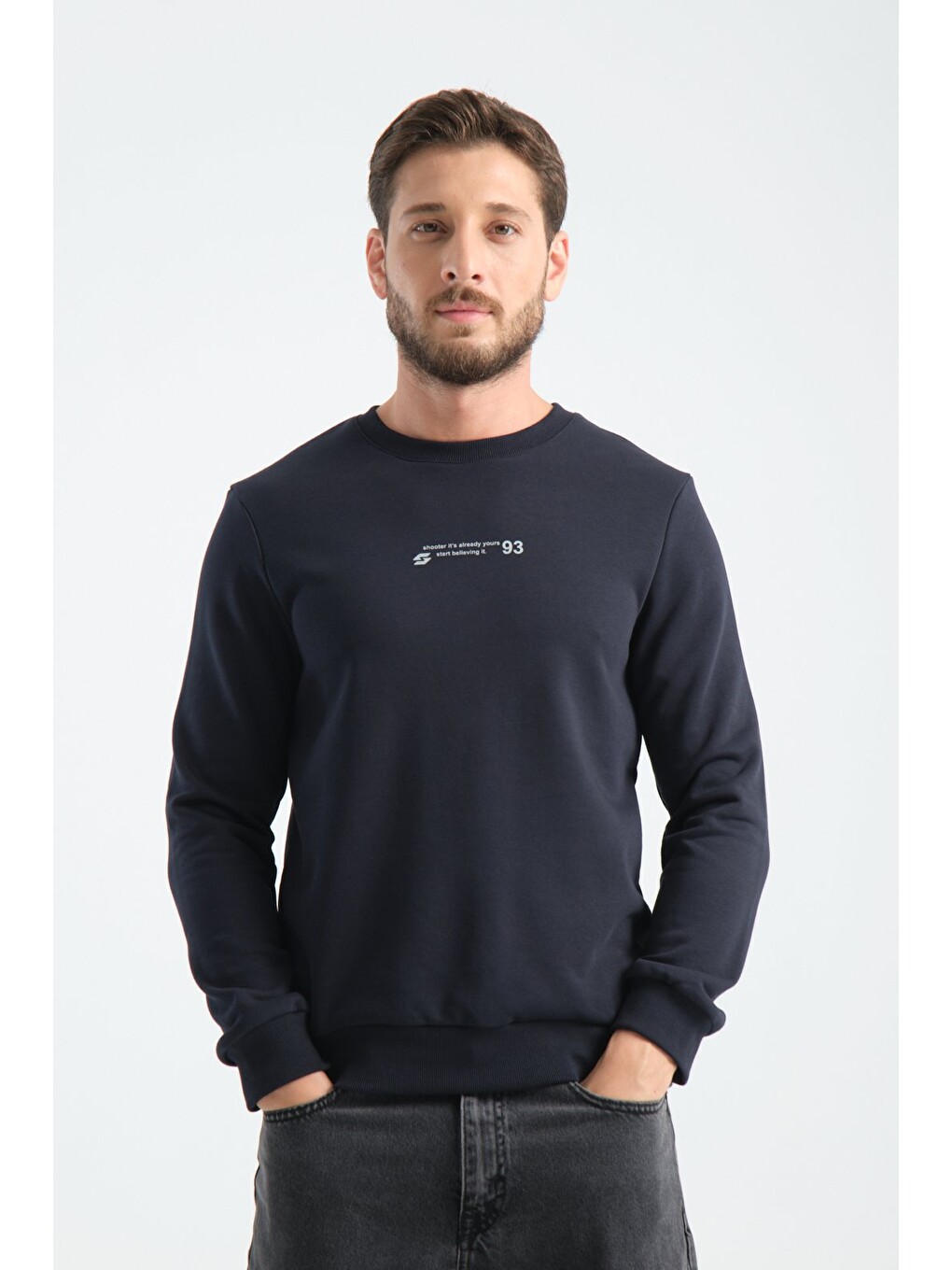 Lacivert Erkek Üç İplik Sweatshirt Regular Fit Pamuklu Bisiklet Yaka Günlük Spor Basic