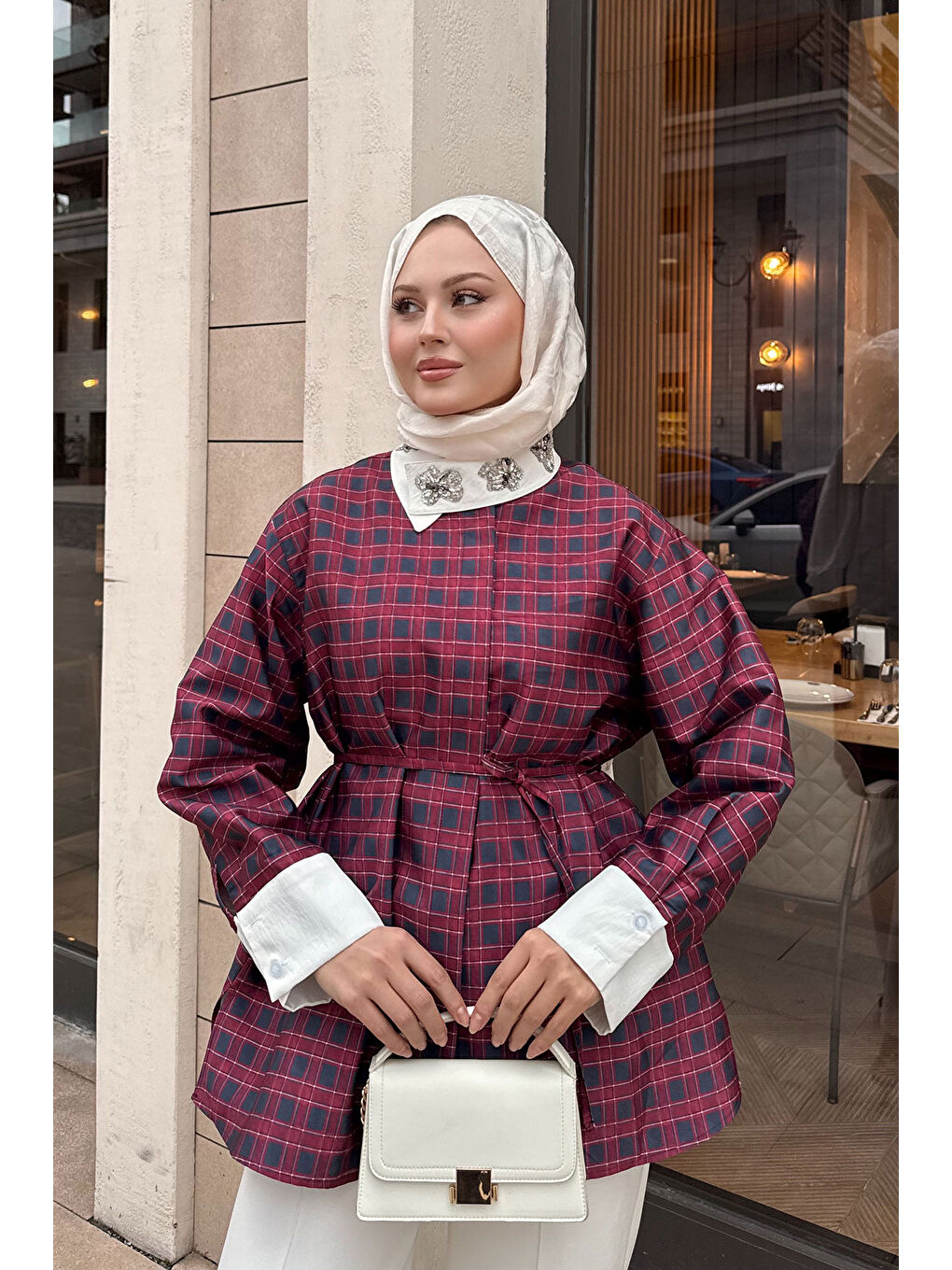 Kadın Gizli Düğmeli Bel Bağlamalı Gömlek Bordo-2