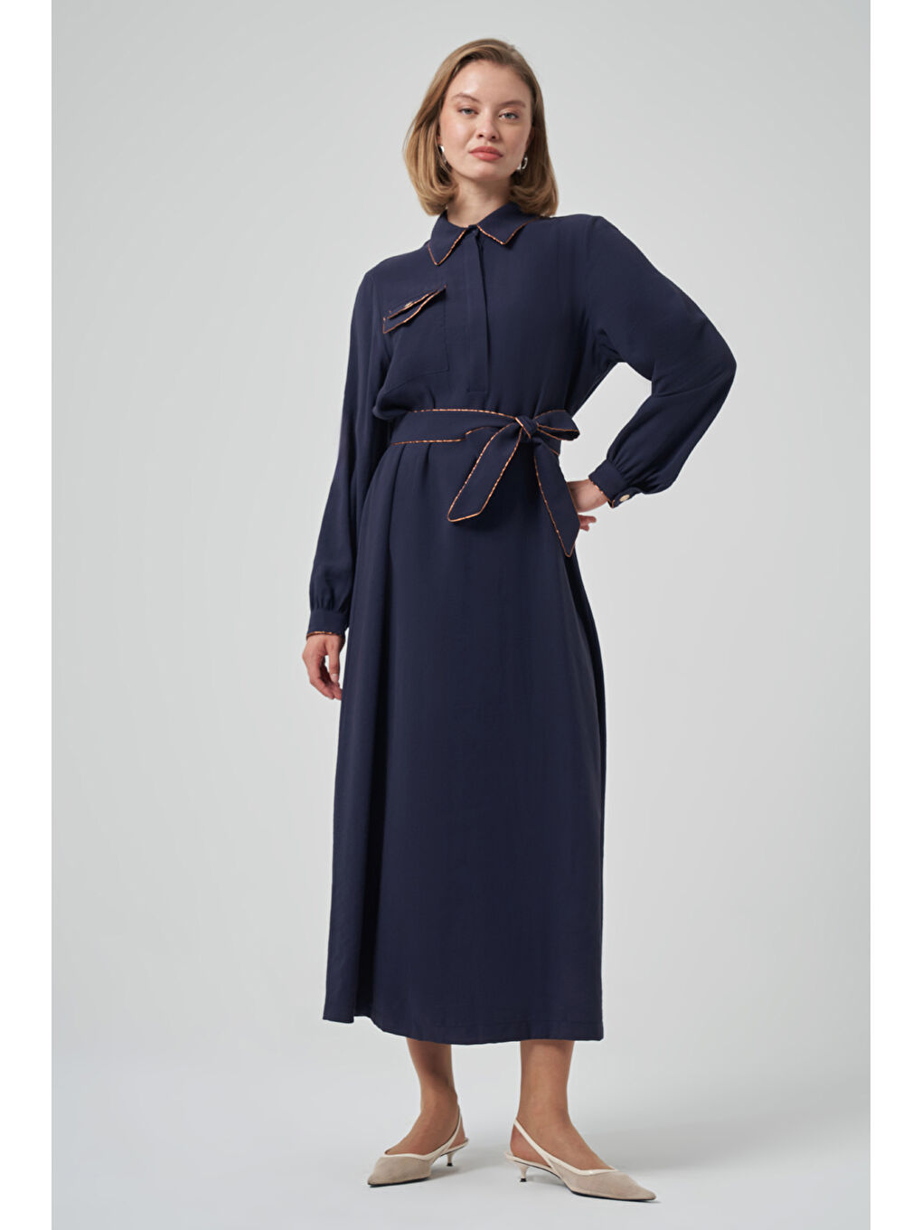 Cep Detay Kuşaklı Elbise 2005 Lacivert-2