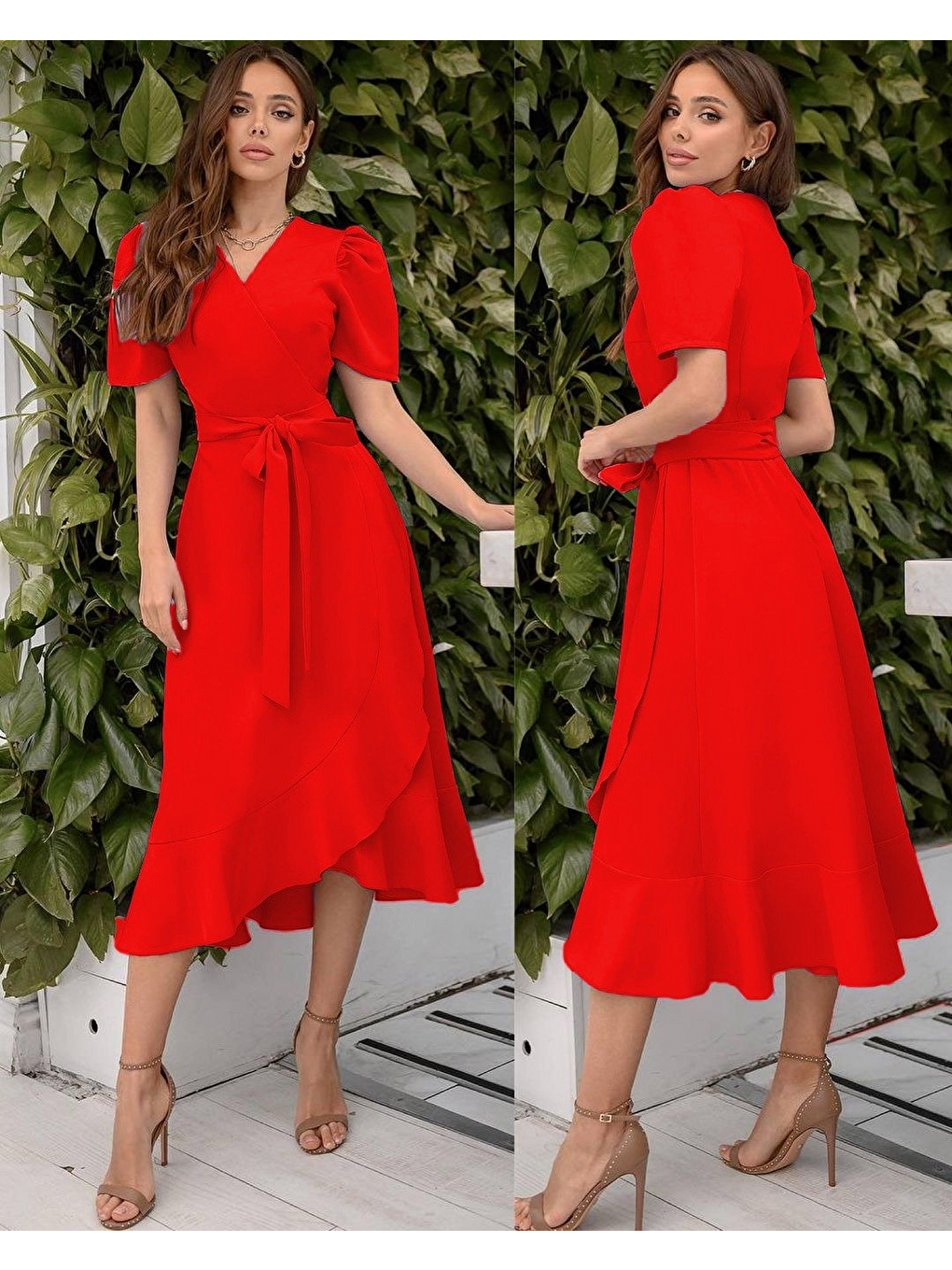 Kırmızı Kadın Kruvaze Yaka Midi Boy Kuşaklı Krep Elbise 120 Cm-7