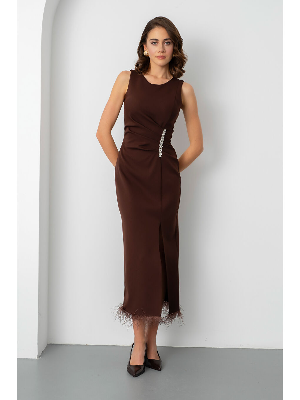 Kadın Kahverengi Otrişli Söz Nişan Nikah Abiye Elbise-2