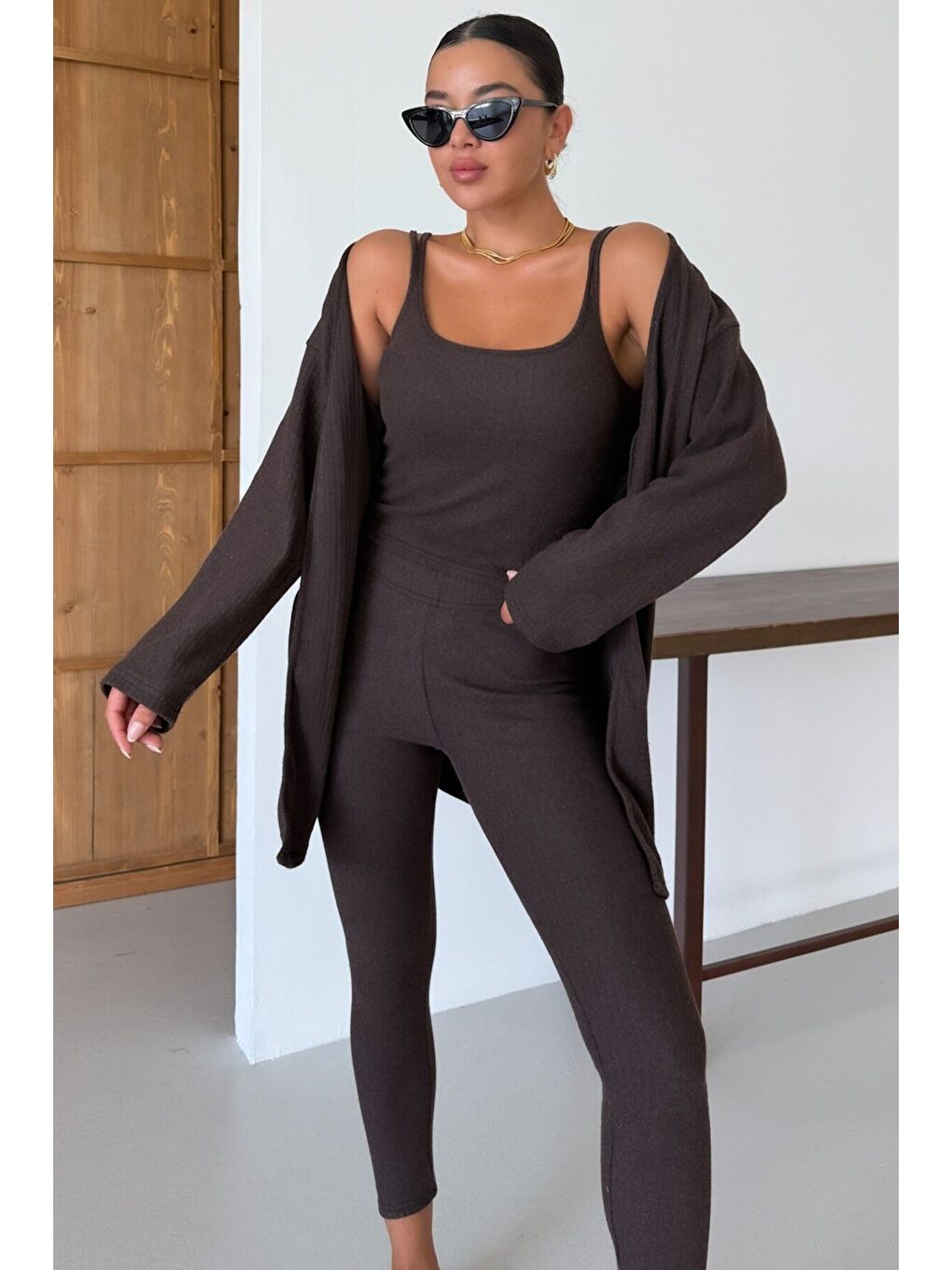 Kadın Kahverengi Askılı Atlet Tayt Hırkalı Alt-Üst Taytlı İnterlok Takım-5