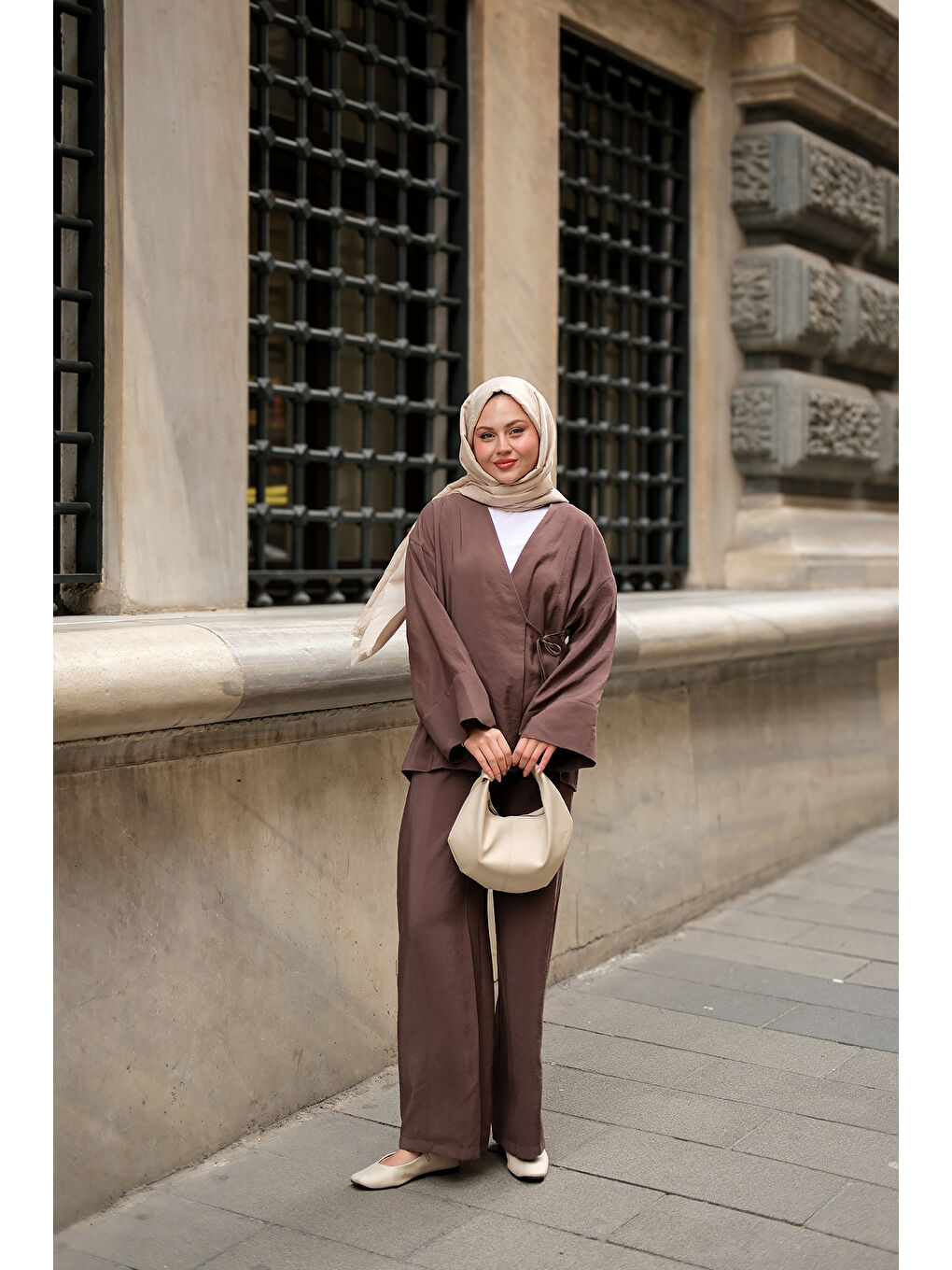 Kadın Yan Bağlamalı İkili Kimono Takım Kahverengi