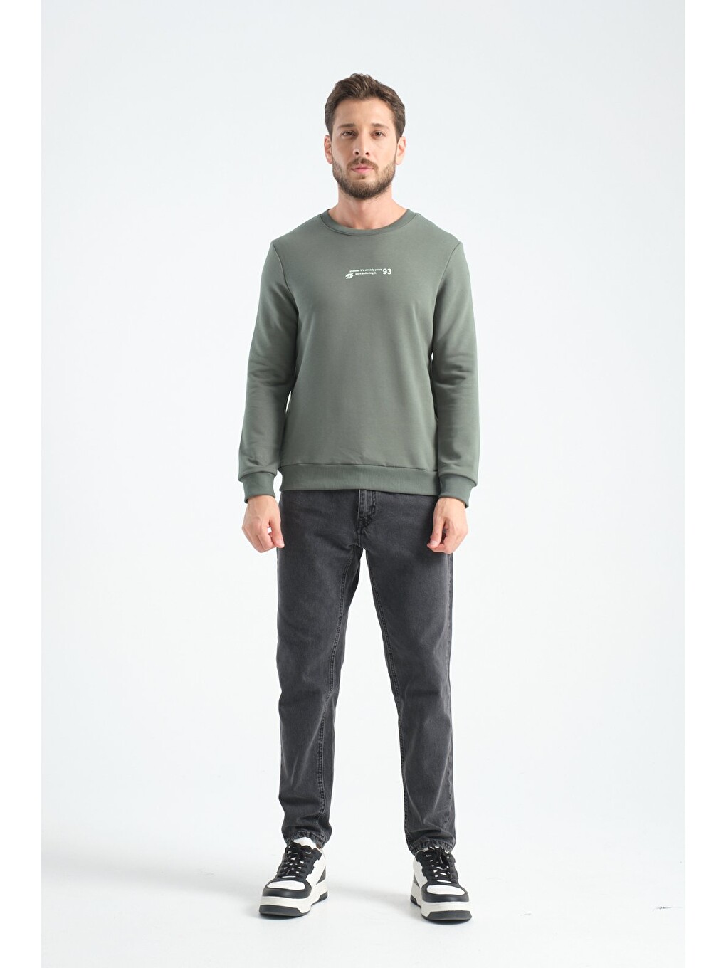 Haki Erkek Üç İplik Sweatshirt Regular Fit Pamuklu Bisiklet Yaka Günlük Spor Basic-5