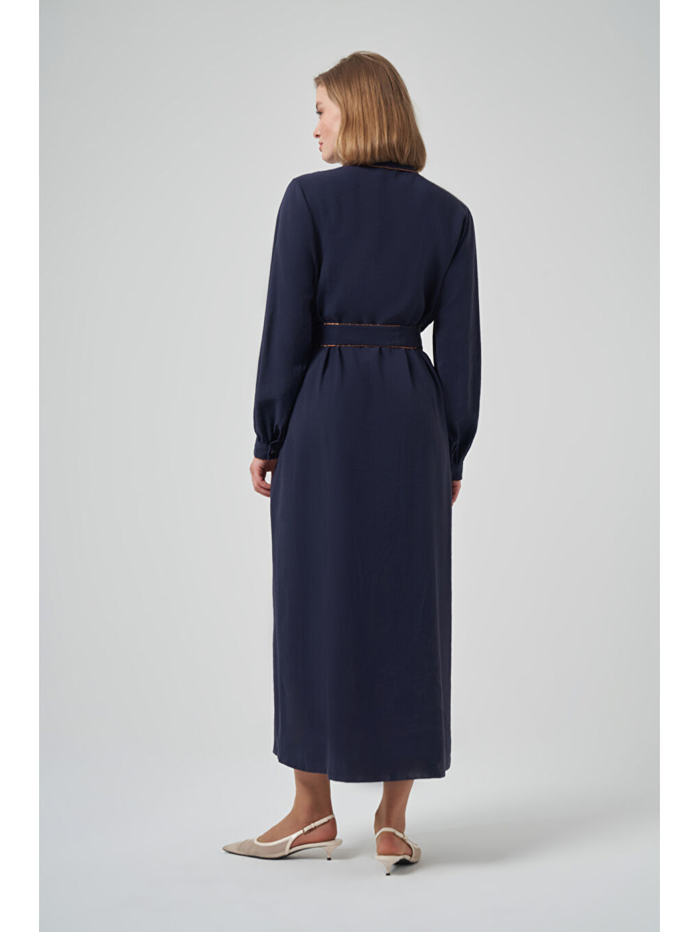 Cep Detay Kuşaklı Elbise 2005 Lacivert-3