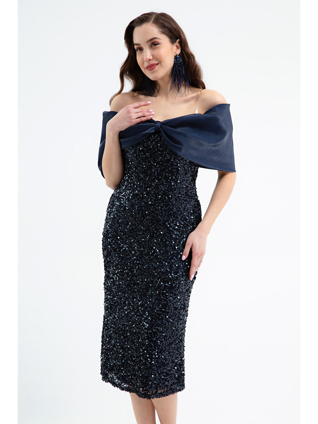 Kadın Lacivert Kayık Yaka Payetli Midi Söz Nişan Nikah Abiye Elbise-2