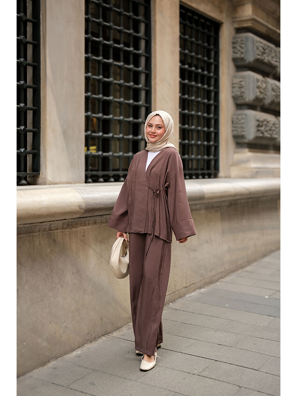 Kadın Yan Bağlamalı İkili Kimono Takım Kahverengi-1
