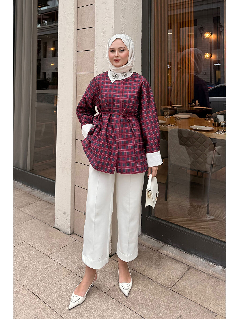 Kadın Gizli Düğmeli Bel Bağlamalı Gömlek Bordo-3