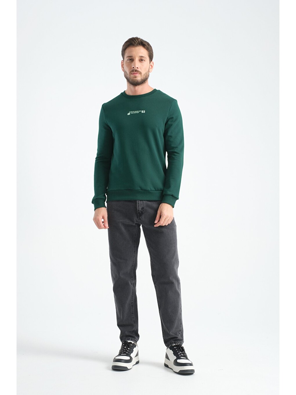 Koyu Yeşil Erkek Üç İplik Sweatshirt Regular Fit Pamuklu Bisiklet Yaka Günlük Spor Basic-5