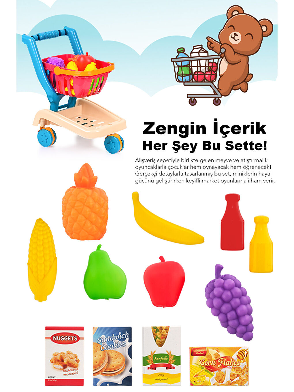14 Parça Oyuncak Market Arabası - İlk Adım Yürüme Arkadaşı Meyve Sebze Atıştırmalık Alışveriş Sepeti-1