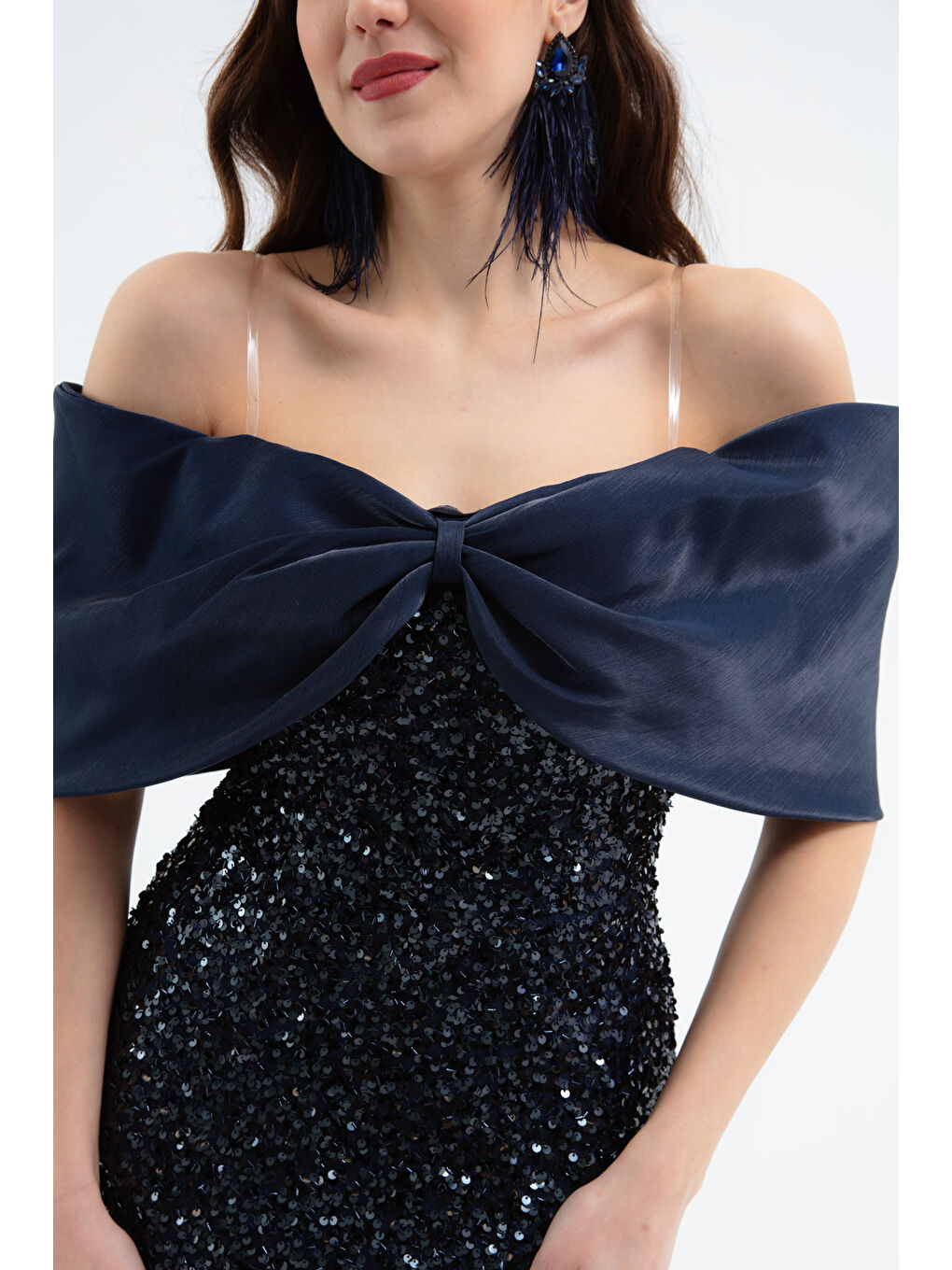 Kadın Lacivert Kayık Yaka Payetli Midi Söz Nişan Nikah Abiye Elbise-3