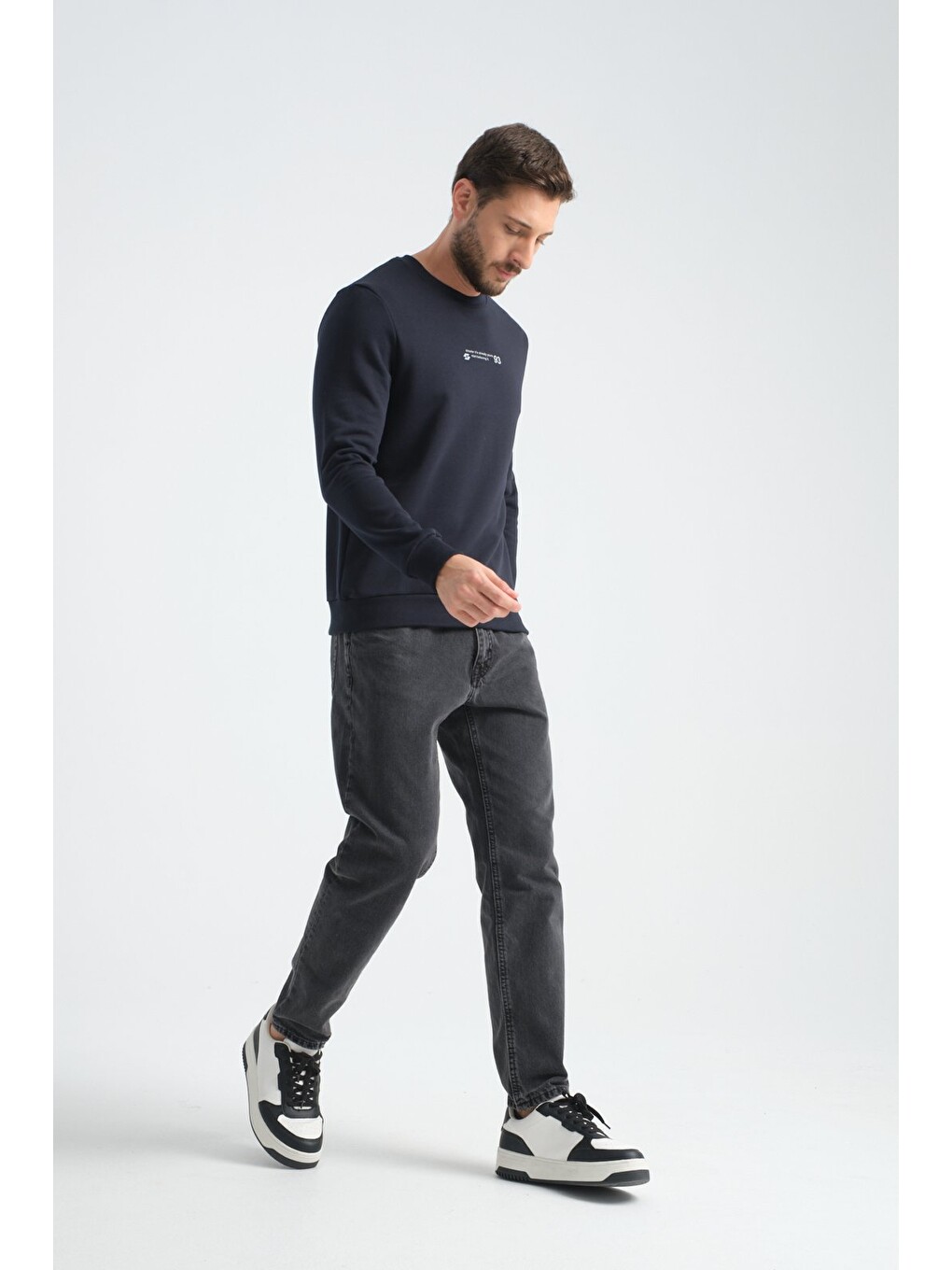 Lacivert Erkek Üç İplik Sweatshirt Regular Fit Pamuklu Bisiklet Yaka Günlük Spor Basic-2