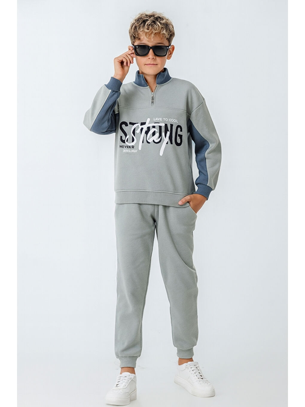 Yeşil Erkek Çocuk Brooklyn Stay Strong Baskılı 3 İplik Kalın Kışlık Eşofman Takımı Ak4225