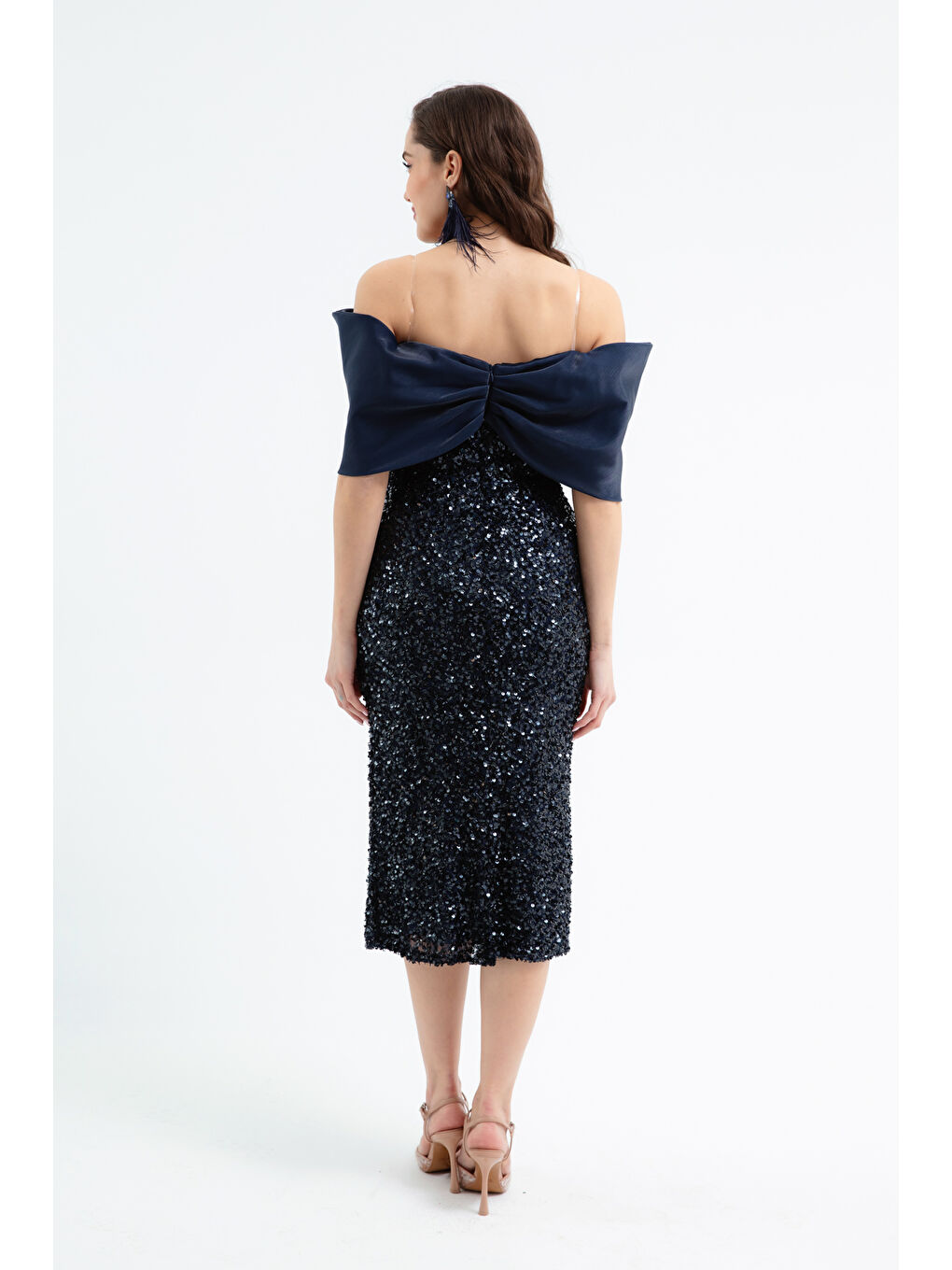 Kadın Lacivert Kayık Yaka Payetli Midi Söz Nişan Nikah Abiye Elbise-4