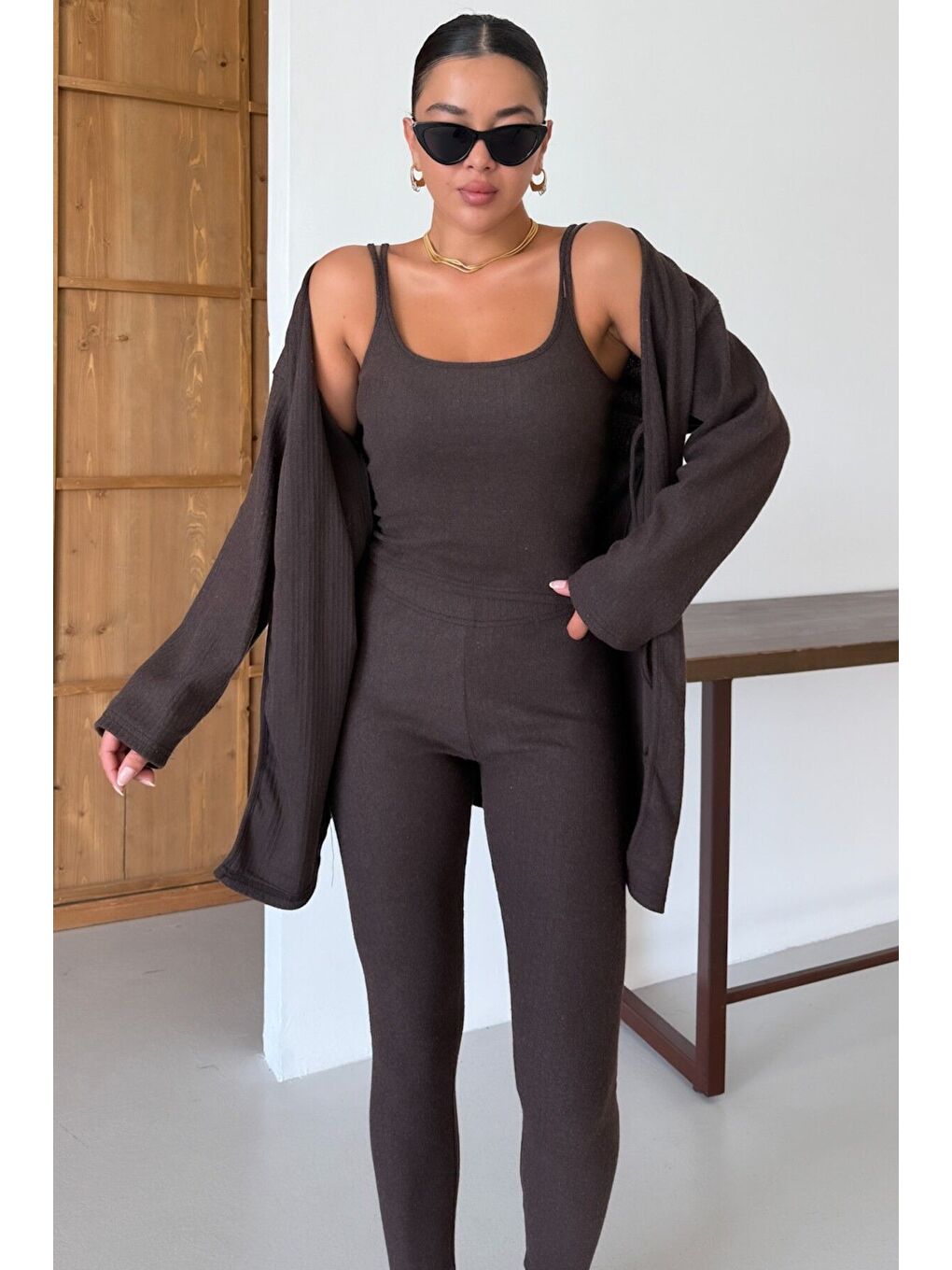 Kadın Kahverengi Askılı Atlet Tayt Hırkalı Alt-Üst Taytlı İnterlok Takım-6