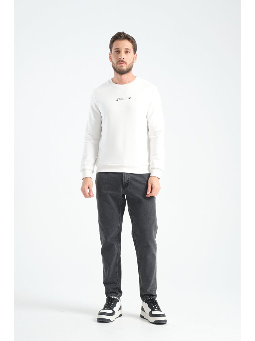 Ekru Erkek Üç İplik Sweatshirt Regular Fit Pamuklu Bisiklet Yaka Günlük Spor Basic-5