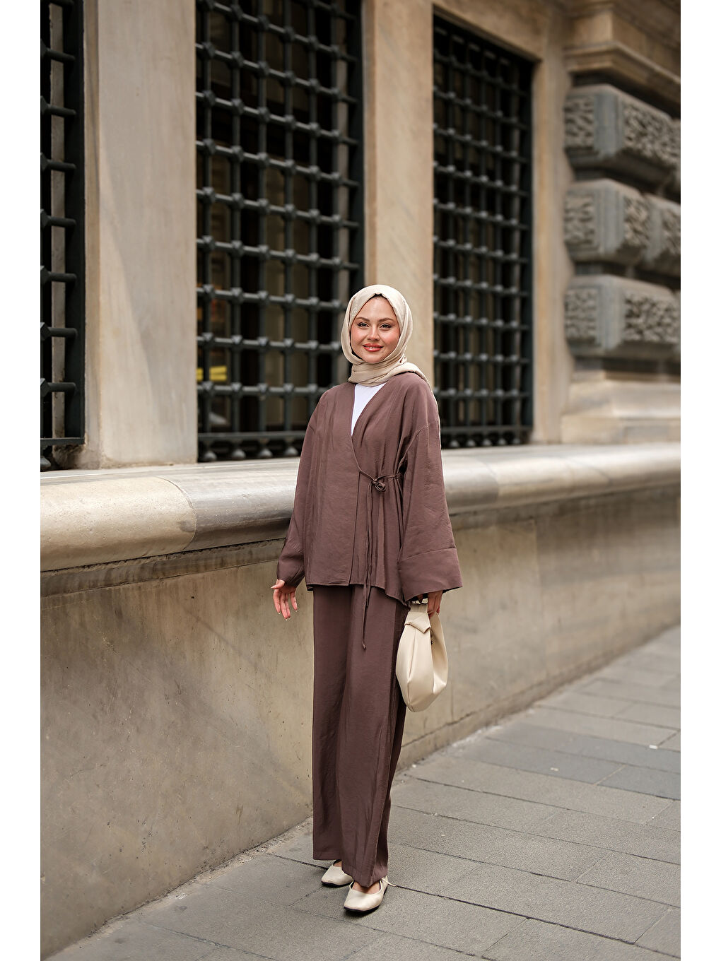 Kadın Yan Bağlamalı İkili Kimono Takım Kahverengi-2