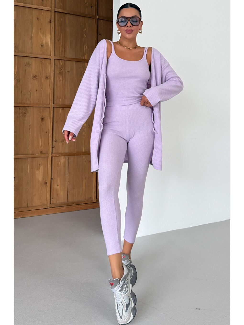 Mor Kadın Lila Askılı Atlet Tayt Hırkalı Alt-Üst Taytlı İnterlok Takım