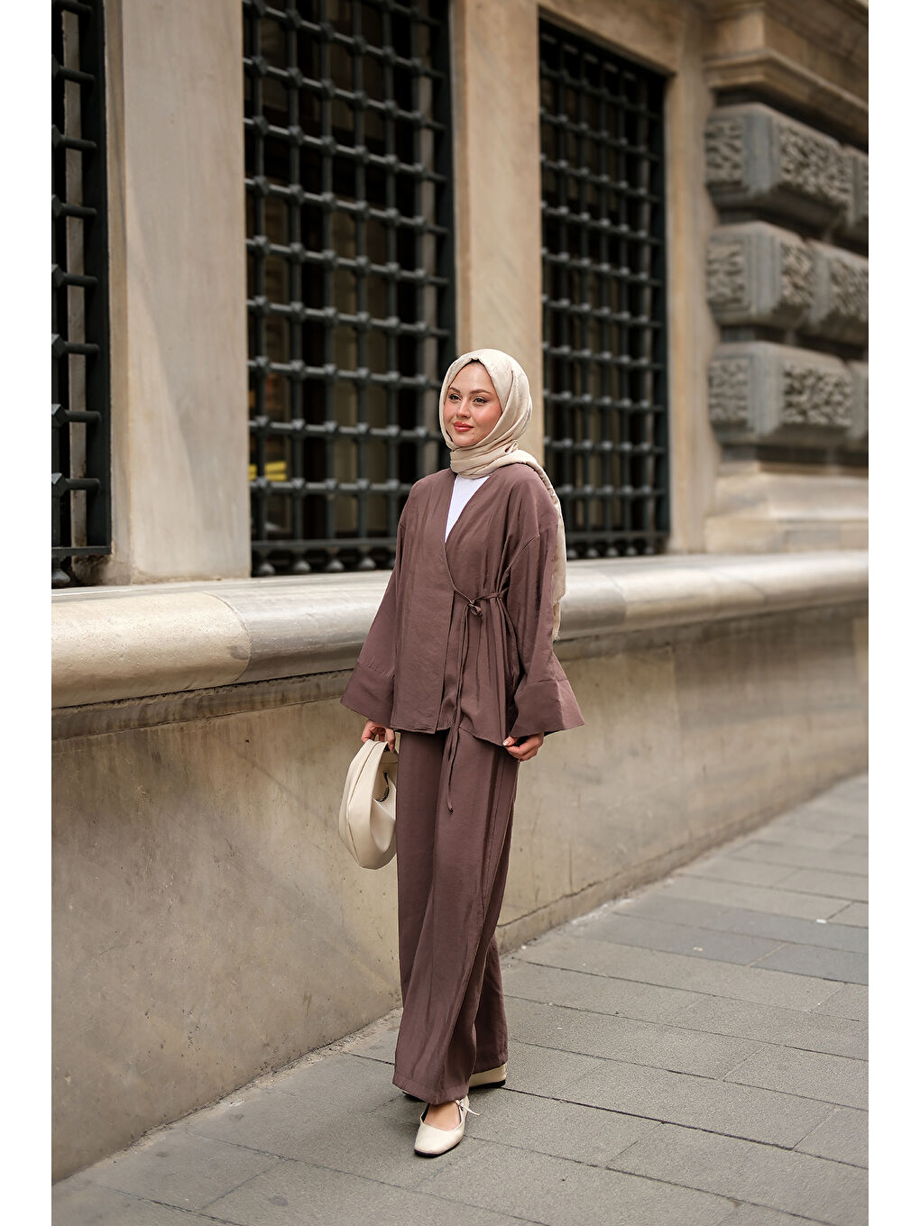 Kadın Yan Bağlamalı İkili Kimono Takım Kahverengi-3